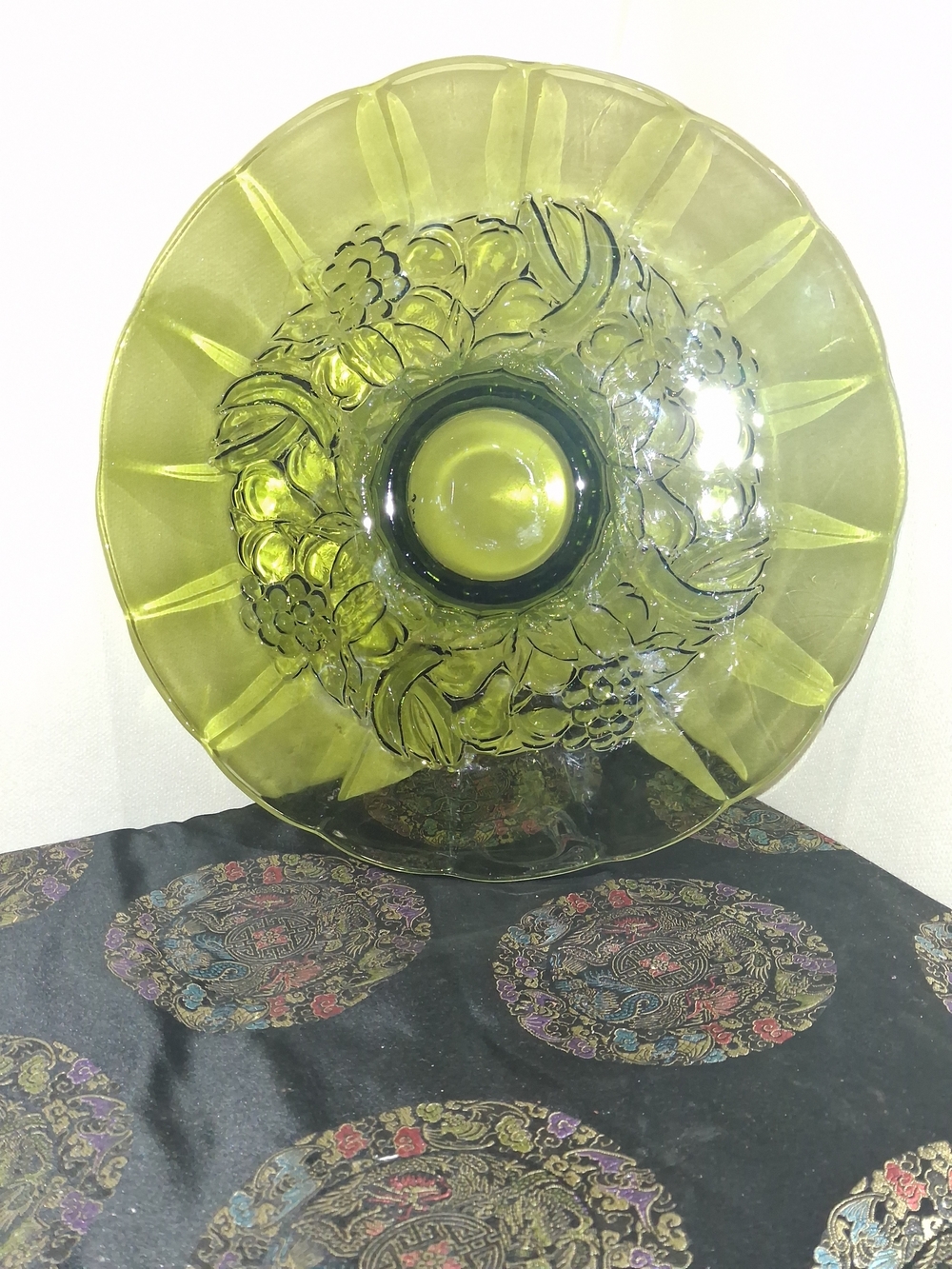 Indiana Glass Olive Green Floral Pressed Glass Plate